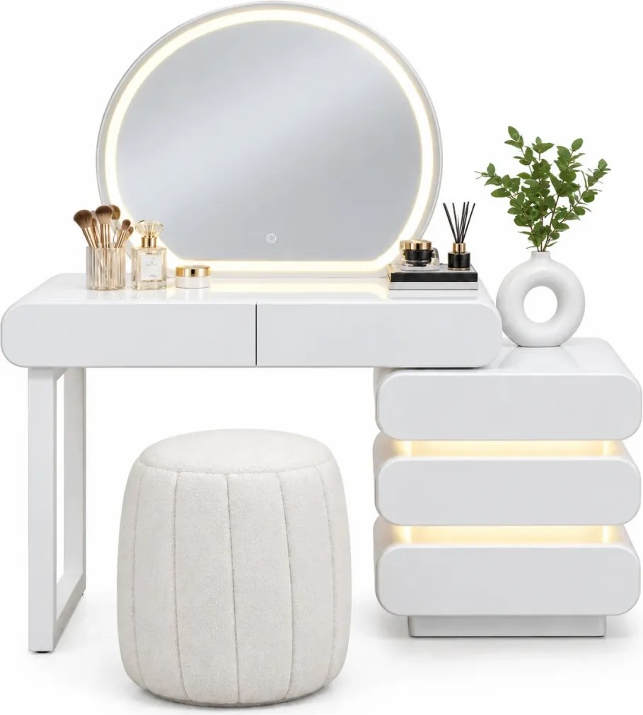 Set ÉLORIA — Masă de Toaletă pentru Machiaj cu Oglindă iluminată LED, 3 culori, Control Touch, Comodă cu sertare iluminate, Taburet, Alb