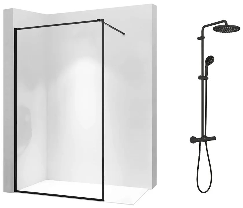 Pachet paravan dus Walk-In Rea Bler-1 negru 80x195 cm si coloana de dus Grohe Vitalio Start negru