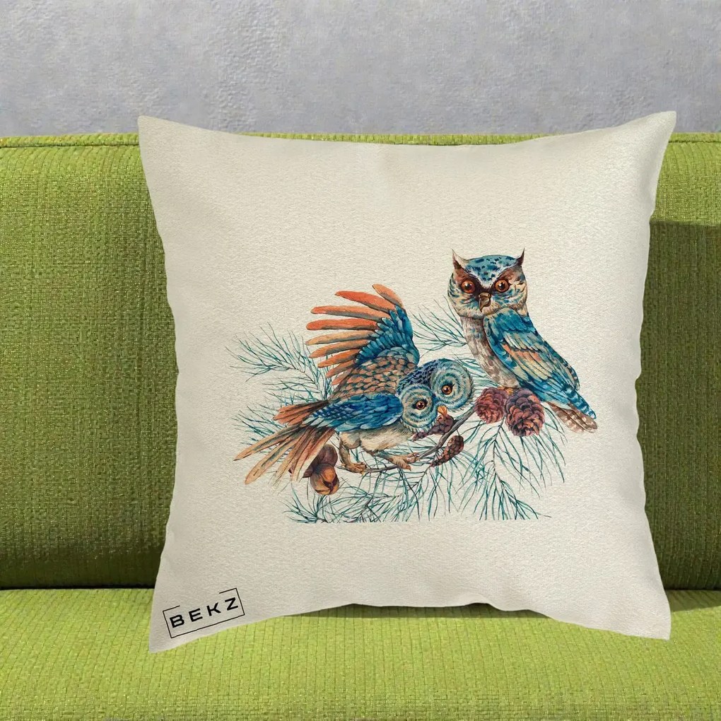 Perna Decorativa Bufnite de Iarna Albastre, 40x40 cm, Ecru, Husa Detasabila, Perna Inclusa, BEKZ®