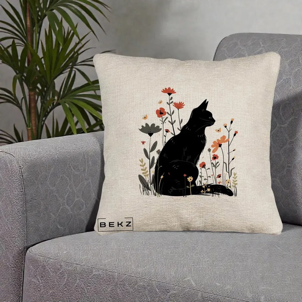 Perna Decorativa Pisica Neagra Profil Flori Portocalii, 40x40 cm, Bej Canapea, Husa Detasabila, Perna Inclusa, BEKZ®