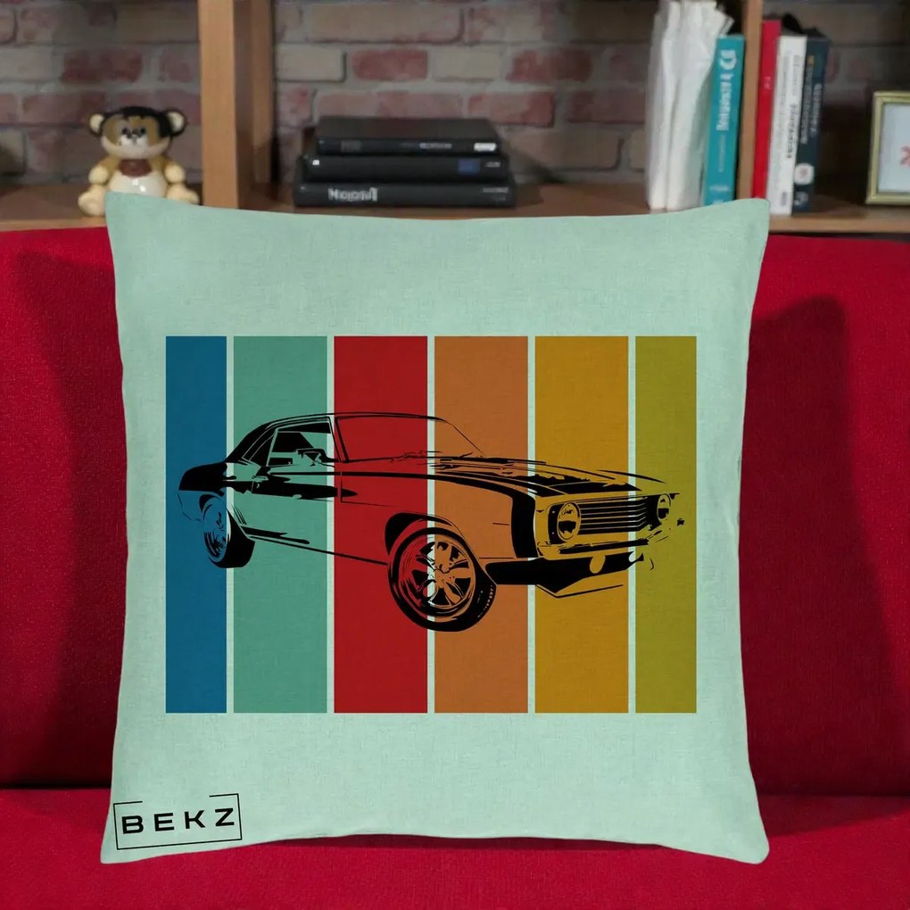 Perna Personalizata Masina Retro Muscle Car Grafic, 40x40 cm, Verde Menta, Husa Detasabila, Perna Inclusa, BEKZ®