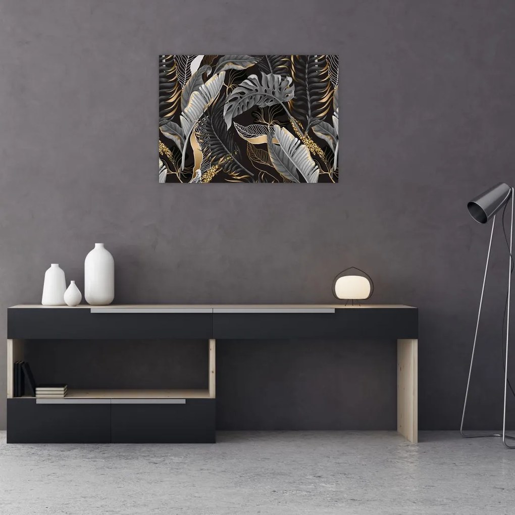 Tablou pe sticlă - Frunze tropicale, Galben - auriu (70x50 cm)