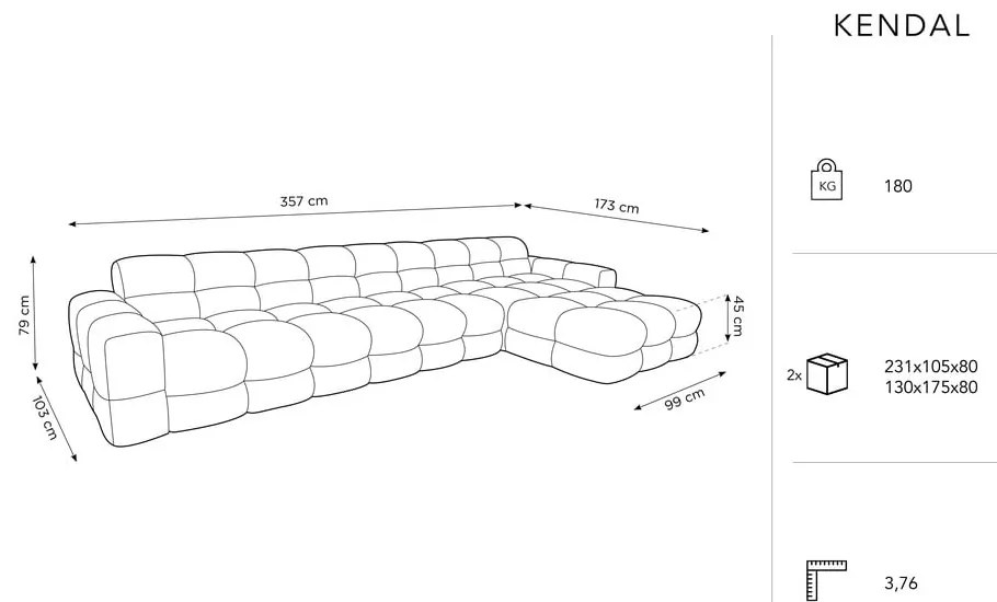Colțar negru cu tapițerie din catifea (pe partea dreaptă) Kendal – Micadoni Home