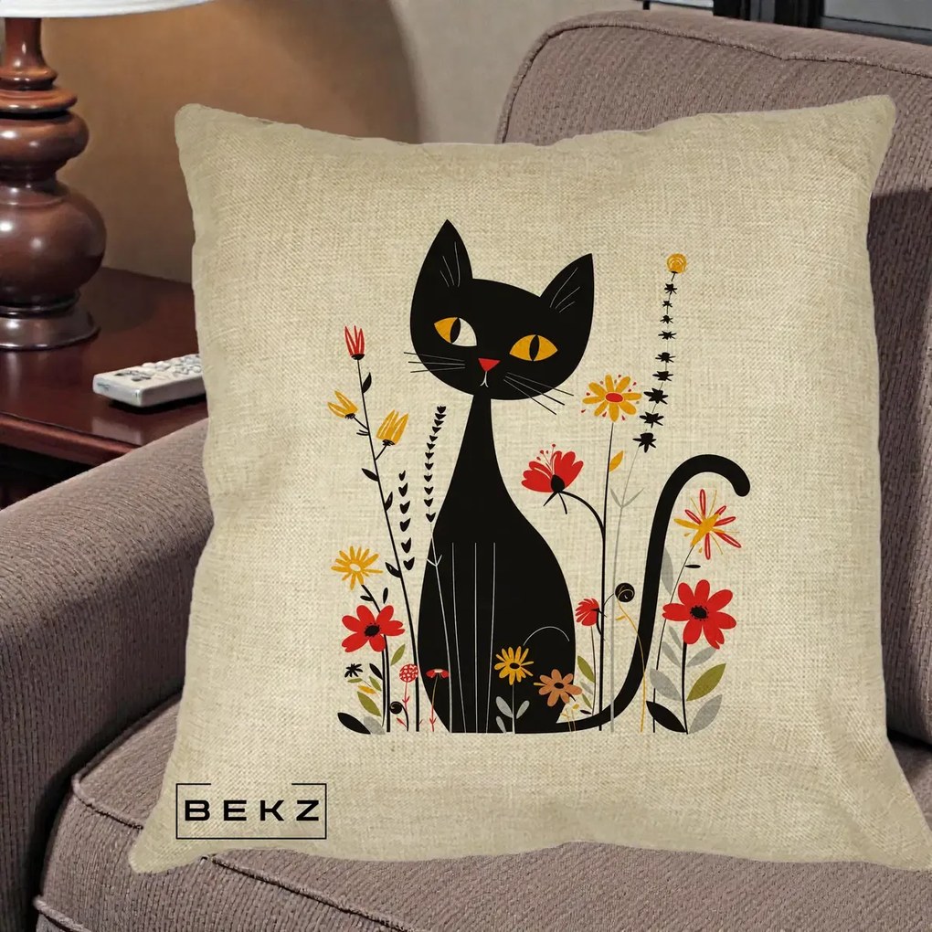 Perna Decorativa Pisica Neagra Ochi Galbeni Flori, 40x40 cm, Crem, Husa Detasabila, Perna Inclusa, BEKZ®
