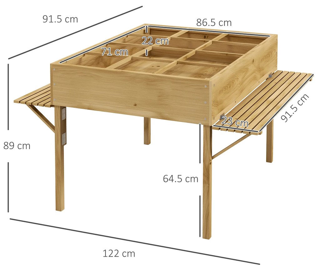 Outsunny Strat de Grădină Înălțat cu 12 Grile, Jardinieră Înălțată din Lemn cu Rafturi Laterale Pliabile, 122x91,5x89 cm, Lemn Natural | Aosom Romania