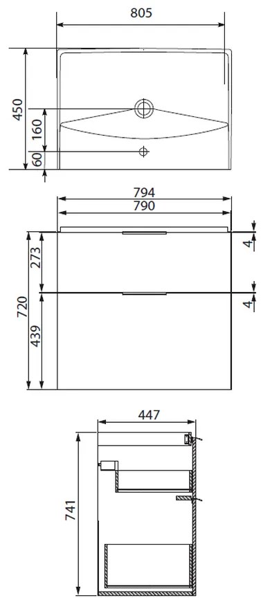 Set dulap baie suspendat 2 sertare cu lavoar Cersanit City inclus, 80 cm, alb 850x450 mm