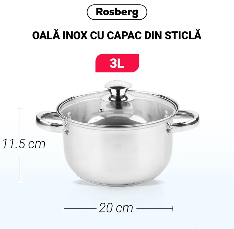 Oala Rosberg R51210O20, 3 L, 20x11.5 cm, Capac din sticla, Inox