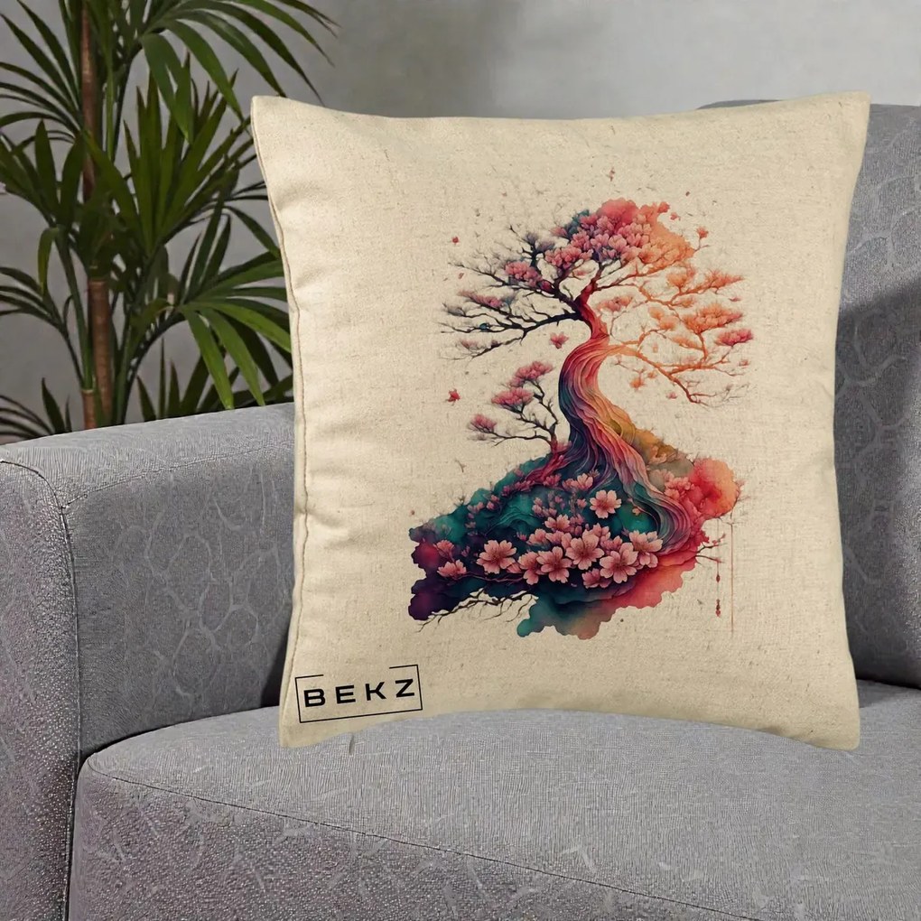 Perna Decorativa Copac Sakura Acuarela Fantasy, 40x40 cm, Bej, Husa Detasabila, Perna Inclusa, BEKZ®