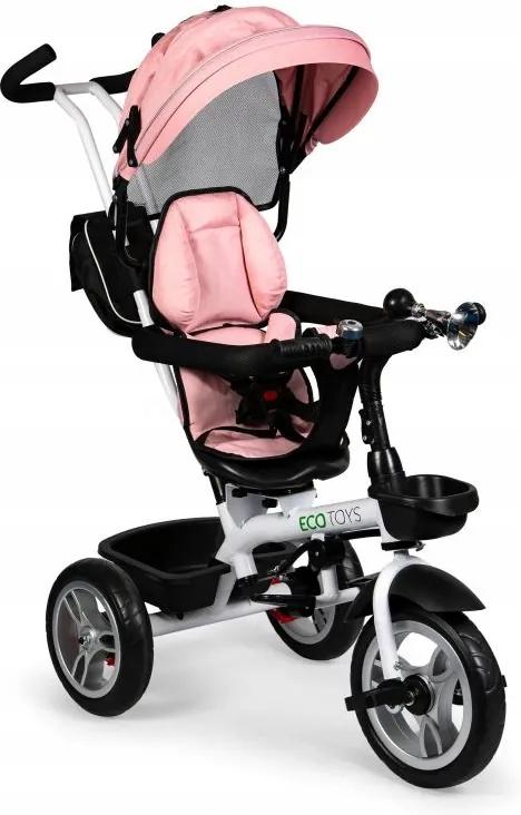 Tricicleta cu maner parental, scaun 360 grade, copertina, cos depozitare si centura, culoare roz