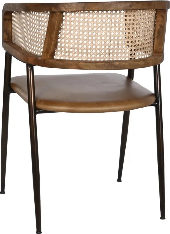 Scaun dining cu brațe din ratan și piele, maro, spătar curbat împletit și picioare negre din metal, 78 x 52 x 56 cm, „Cannage”