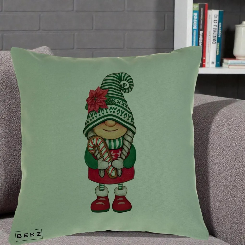 Perna Decorativa Gnom Craciun Verde cu Bomboane si Floare, 40x40 cm, Verde, Husa Detasabila, Perna Inclusa, BEKZ®