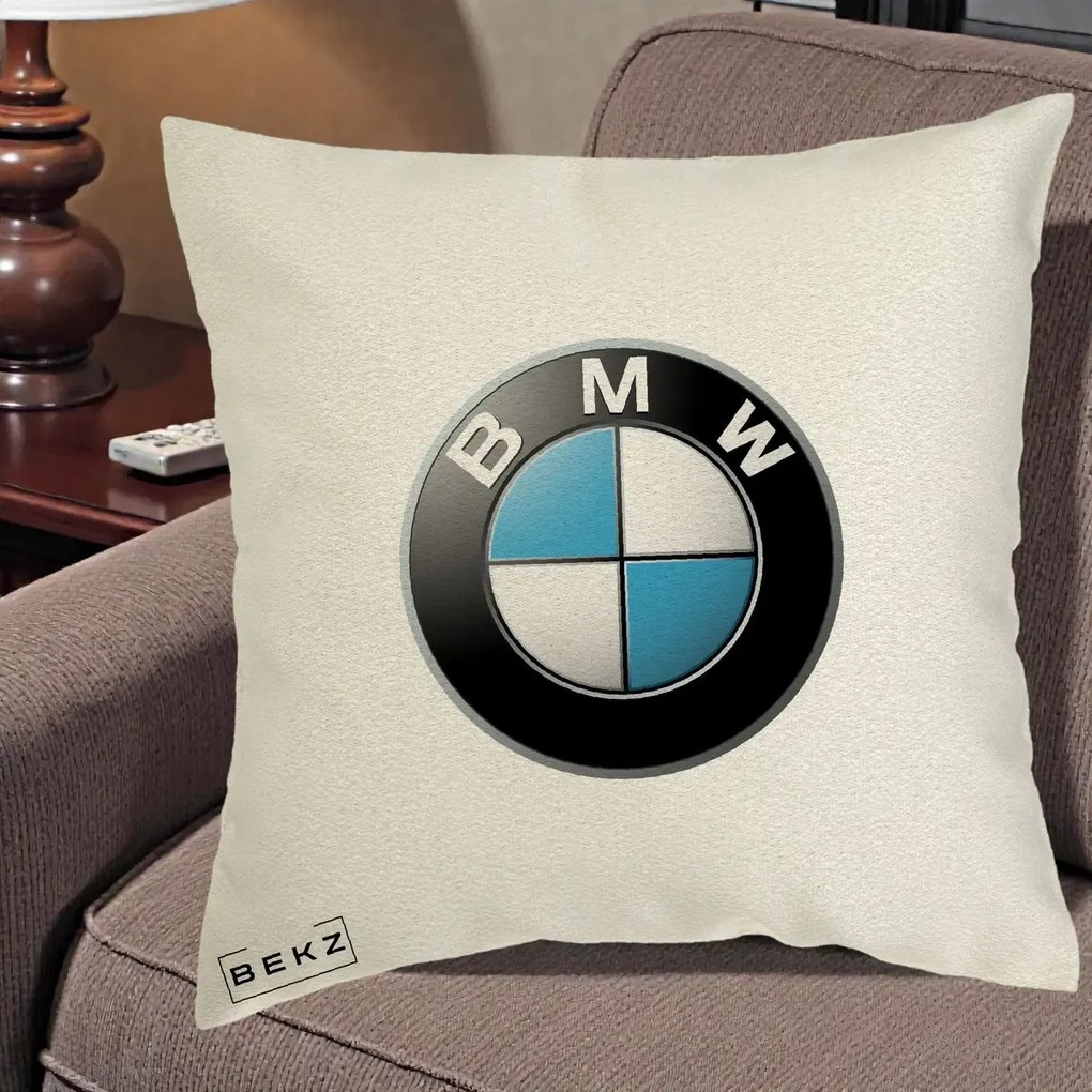 Perna Personalizata cu emblema BMW, 40x40 cm, Ecru, Husa Detasabila, Perna Inclusa, BEKZ®