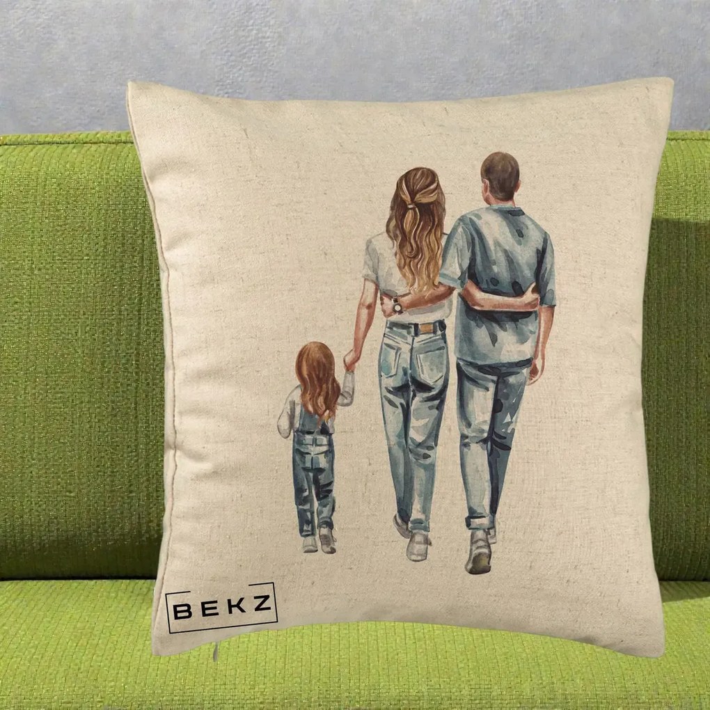 Cadou pentru Familie - Perna Personalizata Familie Acuarela Jeans, 40x40 cm, Bej, Husa Detasabila, Perna Inclusa, BEKZ®