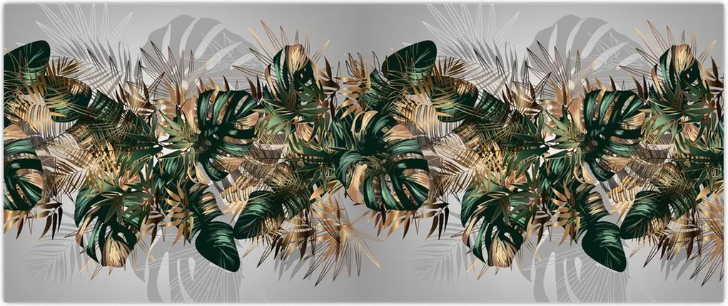 Tablou - Frunze tropicale, Galben - auriu (120x50 cm)