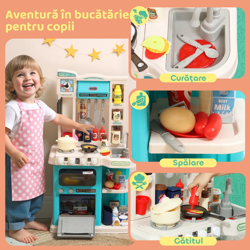 AIYAPLAY Bucătărie de Jucărie pentru Copii 3-6 Ani cu 92 de Accesorii, din PP, PE și ABS, 44.5x24x79 cm, Verde | Aosom Romania