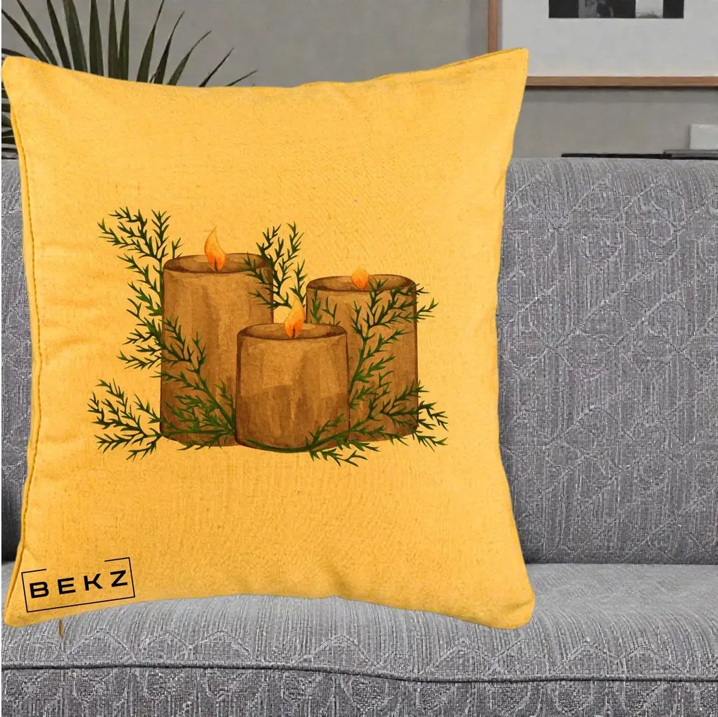 Perna Decorativa Lumanari Rustice cu Crengute Brad, 40x40 cm, Galben, Husa Detasabila, Perna Inclusa, BEKZ®