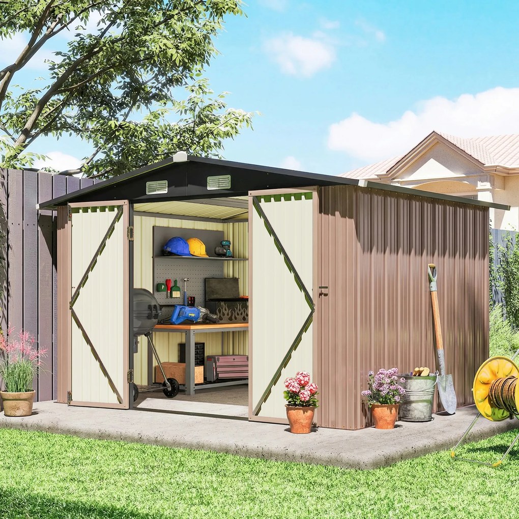 Outsunny Magazie Metalică 305 x 245 cm, Căsuță de Grădină Rezistentă cu 4 Guri de Aerisire și Uși Duble cu Încuietoare, Maro | Aosom Romania