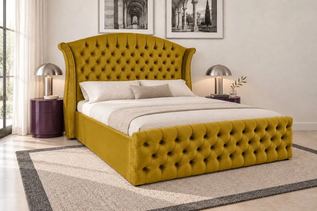 Pat tapițat Velluto 140×200 cm, galben muștar, cu ladă de depozitare