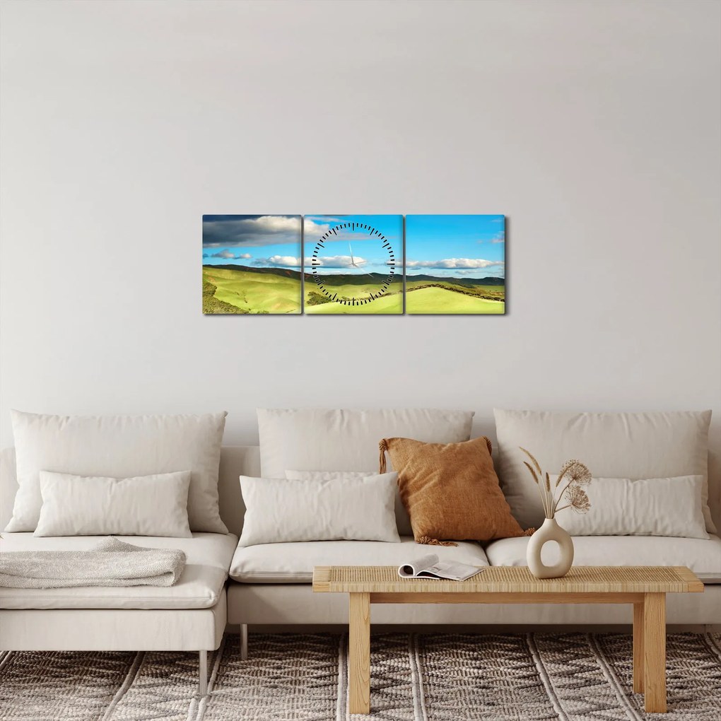 Tablou - Peisaj verde cu dealuri (cu ceas) (90x30 cm)