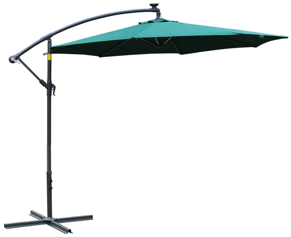 Umbrela pentru gradina Outsunny, brat cu manivela, 8 benzi LED, energie solara Φ295x245cm, Verde | Aosom Romania