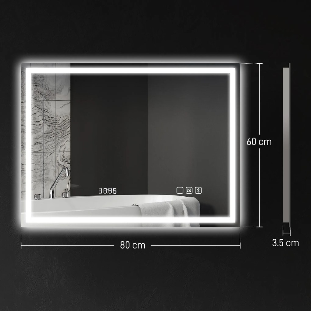 HOMCOM Oglindă Baie Anti-aburire Con Lumină Led E Difuzor Bluetooth 80x60 cm | Aosom Romania