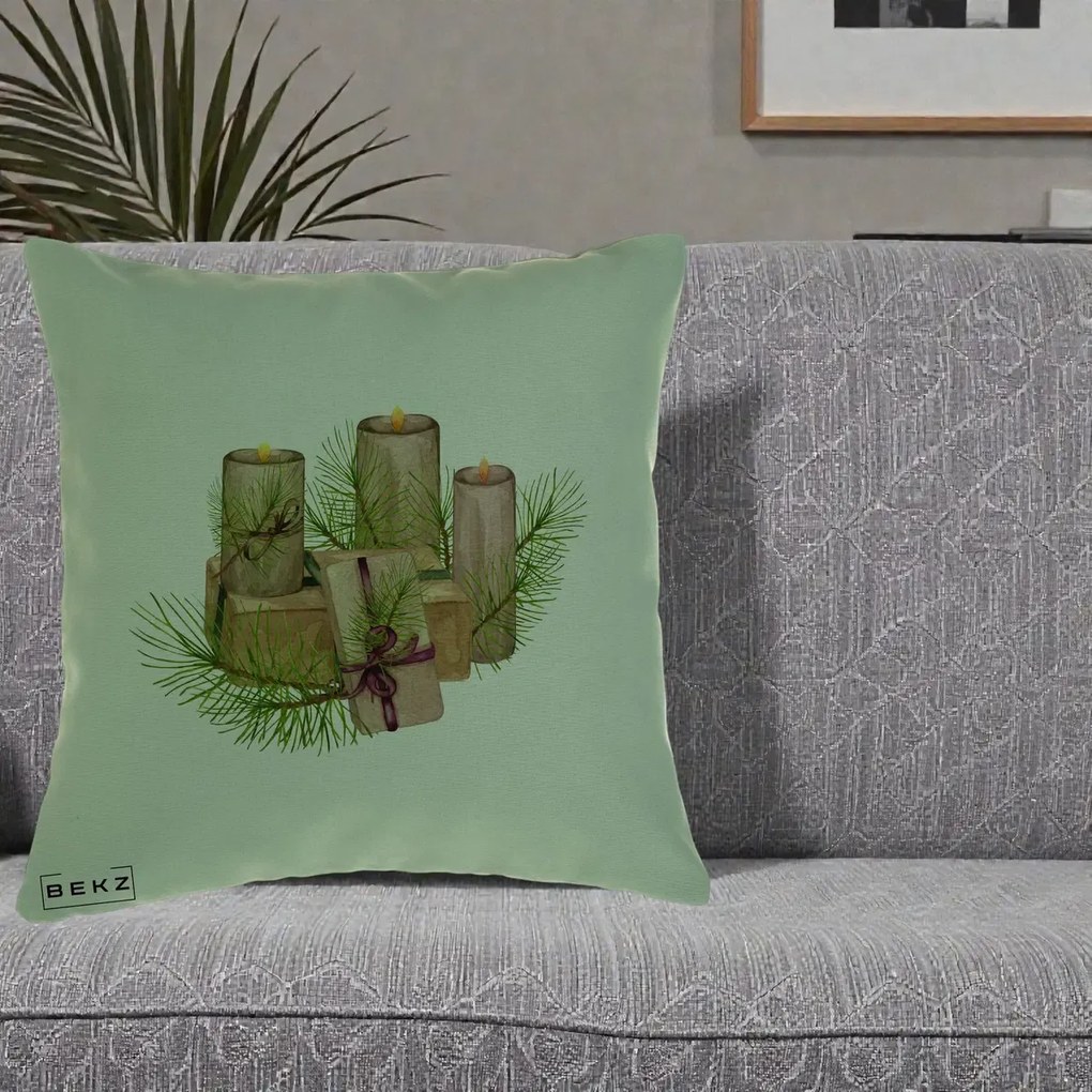 Perna Decorativa Lumanari cu Cadouri Naturale, 40x40 cm, Verde, Husa Detasabila, Perna Inclusa, BEKZ®