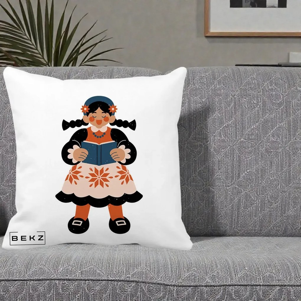 Perna Personalizata Fetita cu Carte Ilustratie Folk, 40x40 cm, Alba Mata, Husa Detasabila, Perna Inclusa, BEKZ®