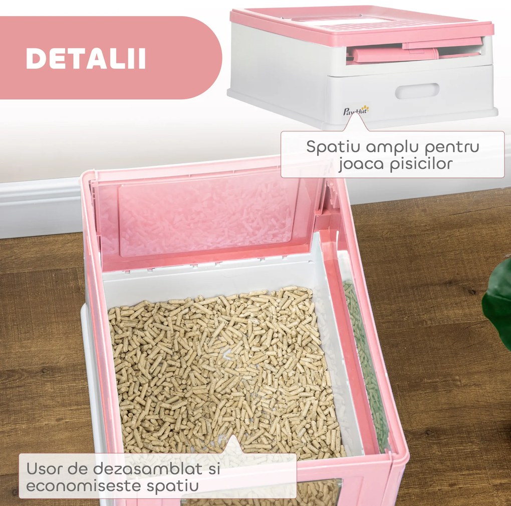PawHut Litieră Acoperită pentru Pisici cu Lopățică Inclusă, Tavă Detașabilă și 2 Uși, 47,5x35,5x36,7 cm, Roz | Aosom Romania