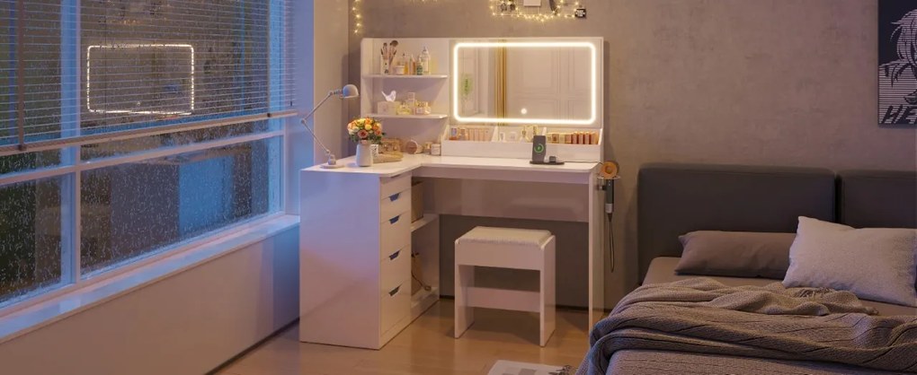 SEA496 - Set Masa toaleta 120 cm pentru colt, cosmetica machiaj, oglinda cu LED, masuta vanity cu scaun tapitat, cu Prize, USB si Suport Uscator par