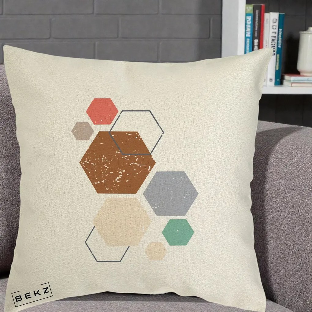 Perna decorativa boho Geometric Hexagoane Multicolor, 40x40 cm cu Umplutura, Ecru, BEKZ