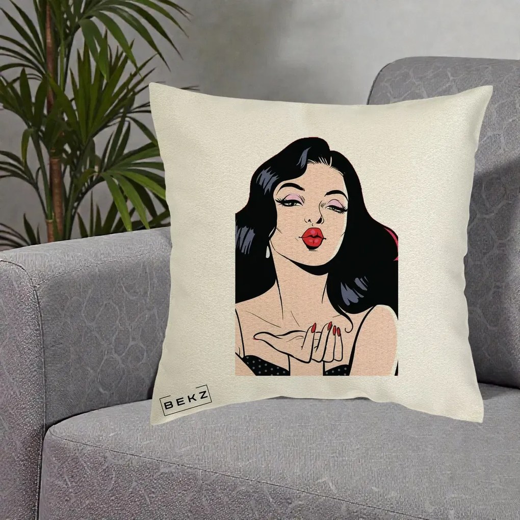 Perna Decorativa Femeie Pop-Art Kiss, 40x40 cm, Ecru, Husa Detasabila, Perna Inclusa, BEKZ®
