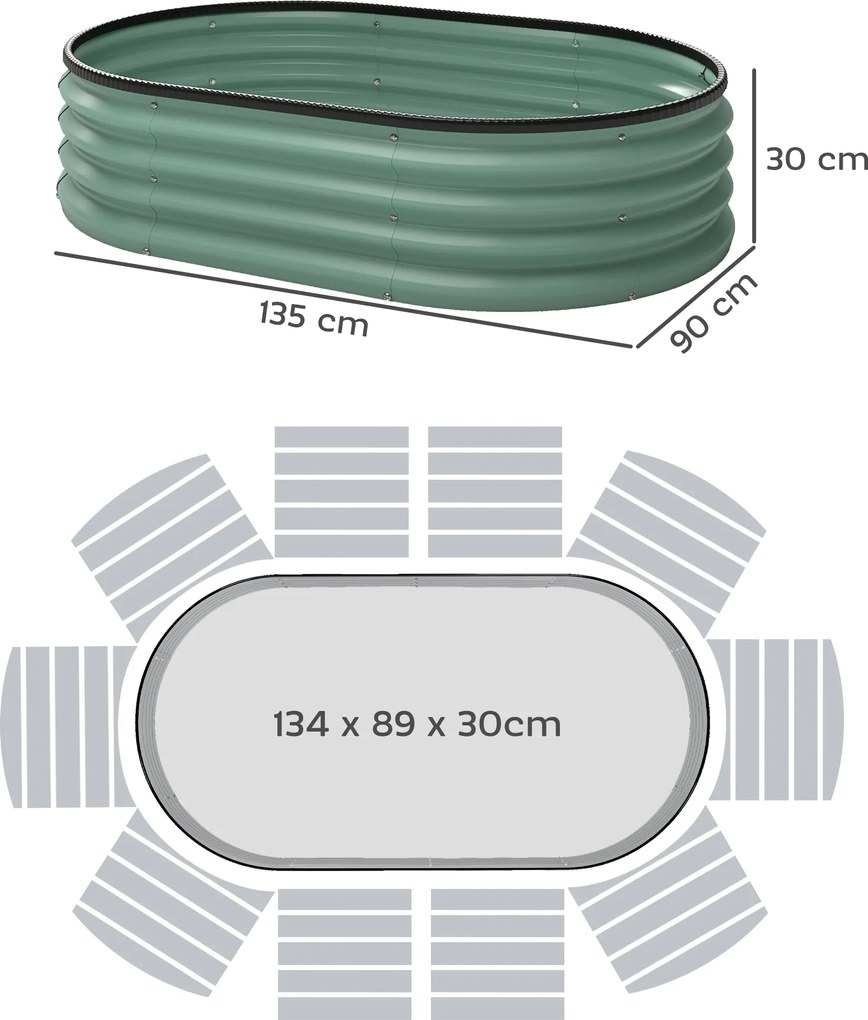 Outsunny Set de 2 Jardiniere Înălțate Modulare, Ghivece de Grădină cu Margine din Cauciuc, Fund Deschis, Jardiniere Înălțate din Oțel Galvanizat pentru Plante Aromatice, Fructe, Legume și Flori, 135x90x30 cm, Verde | Aosom Romania