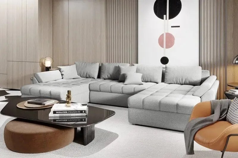 Colțar extensibil dumonde cu ladă de depozitare si sezut confortabil din spuma high-density, Loana U Enjoy Silver 355x185 cm