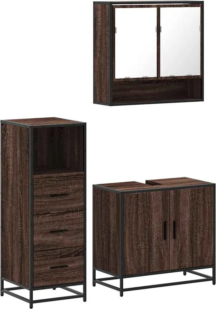 vidaXL Set mobilier de baie, 3 piese, stejar maro, lemn prelucrat