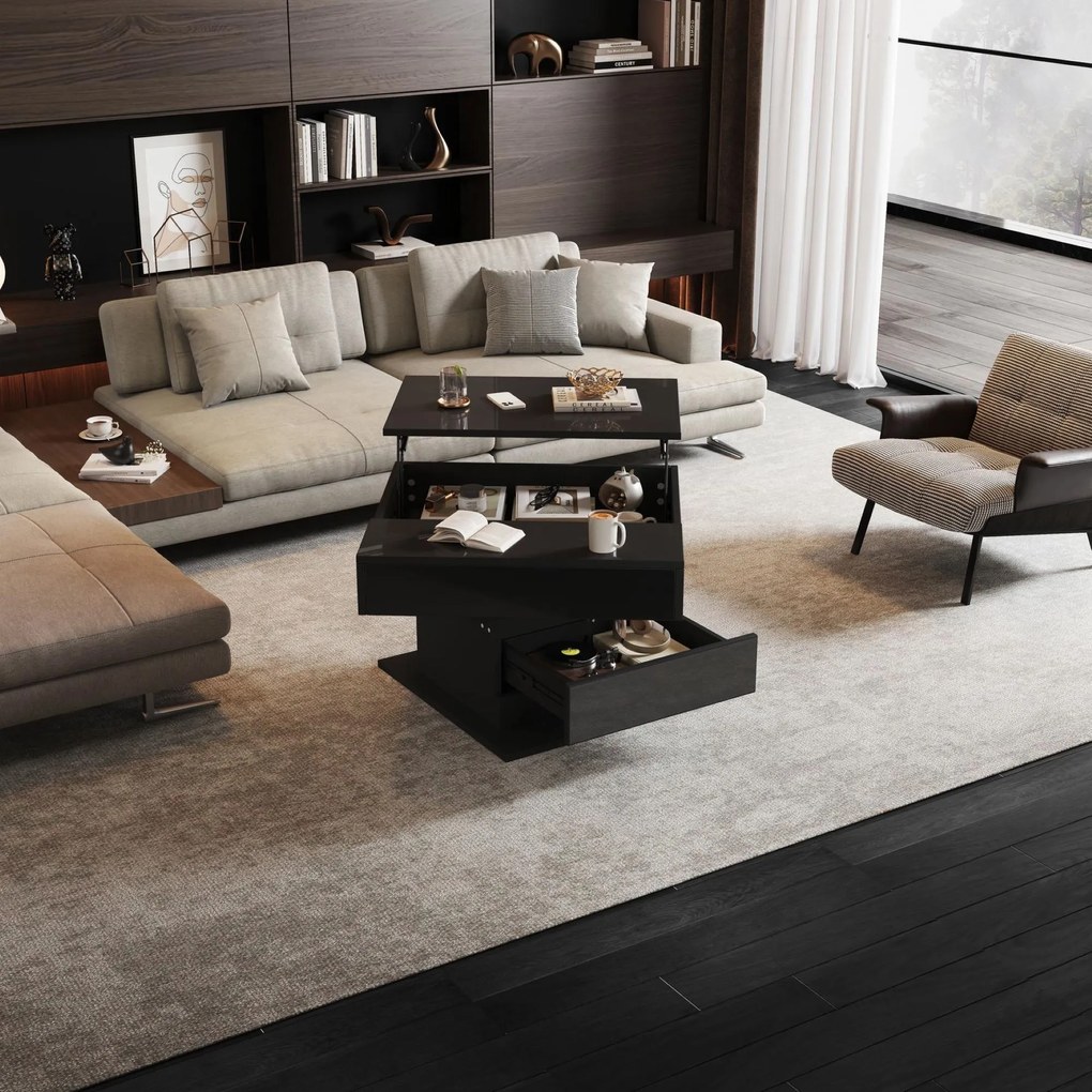 Masă de cafea rotativă 360° cu funcție de ridicare, spațiu de depozitare ascuns și 1 sertar, 70x70x45 cm, Negru