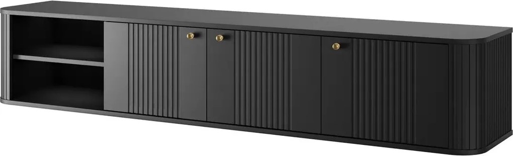Comodă TV suspendată Vesper 187 cm cu 3 uși - negru / mânere aurii