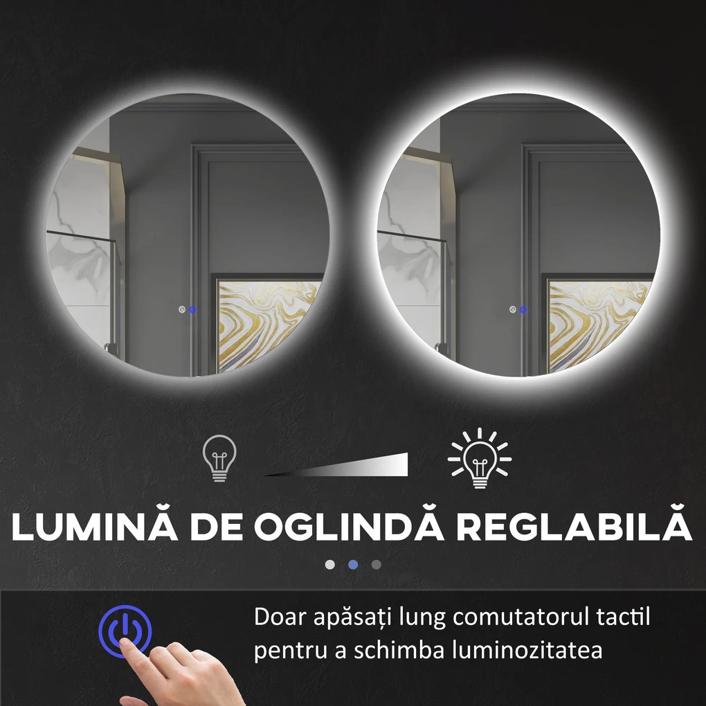 Kleankin Oglinda de Baie Rotunda cu Lumina LED in 3 Culori si intrerupatoare Touch, Ø70x3.5 cm, Transparent | Aosom Romania