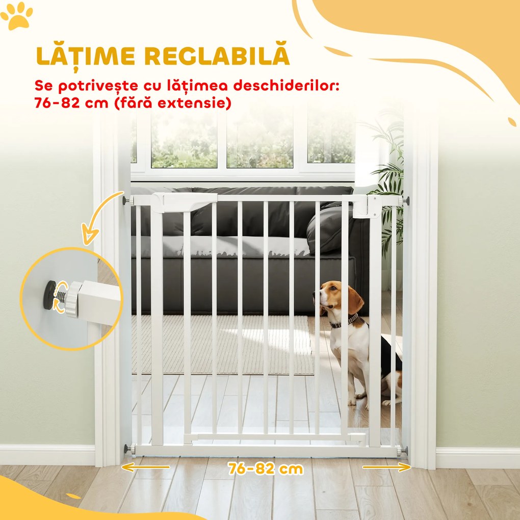 PawHut Poartă de Siguranță pentru Copii și Animale, Poartă pentru Câini cu Închidere Automată, Deschidere în Ambele Direcții, Montare prin Presiune, 76-82x76 cm, Alb | Aosom Romania