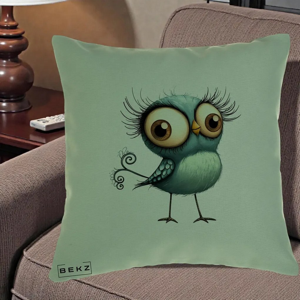 Perna Decorativa Pasare Teal cu Gene si Coada Spiralata, 40x40 cm, Verde, Husa Detasabila, Perna Inclusa, BEKZ®