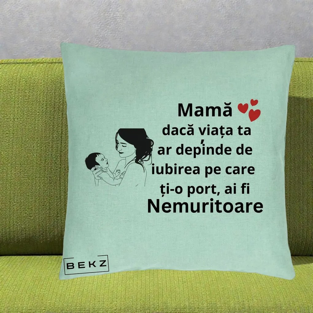 Cadou pentru Mama - Perna Personalizata Mama Nemuritoare Imbratisare Copil, 40x40 cm, Verde Menta, Husa Detasabila, Perna Inclusa, BEKZ®