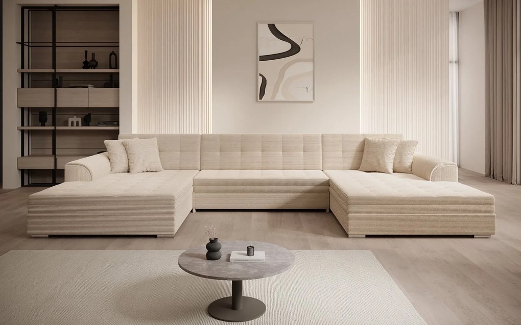 Colțar lemn masiv extensibil Vento Personalizabil, 359 × 165 × 87 cm - Soft 17 - piele alba