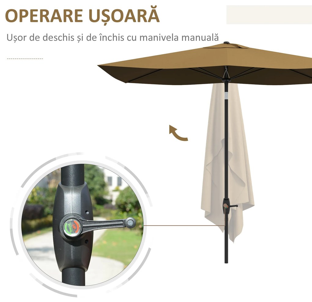 Outsunny Umbrelă de Grădină Dreptunghiulară, Umbrelă de Soare cu Manivelă și Deschidere Înclinată, 296x197x244.5 cm, Maro | Aosom Romania