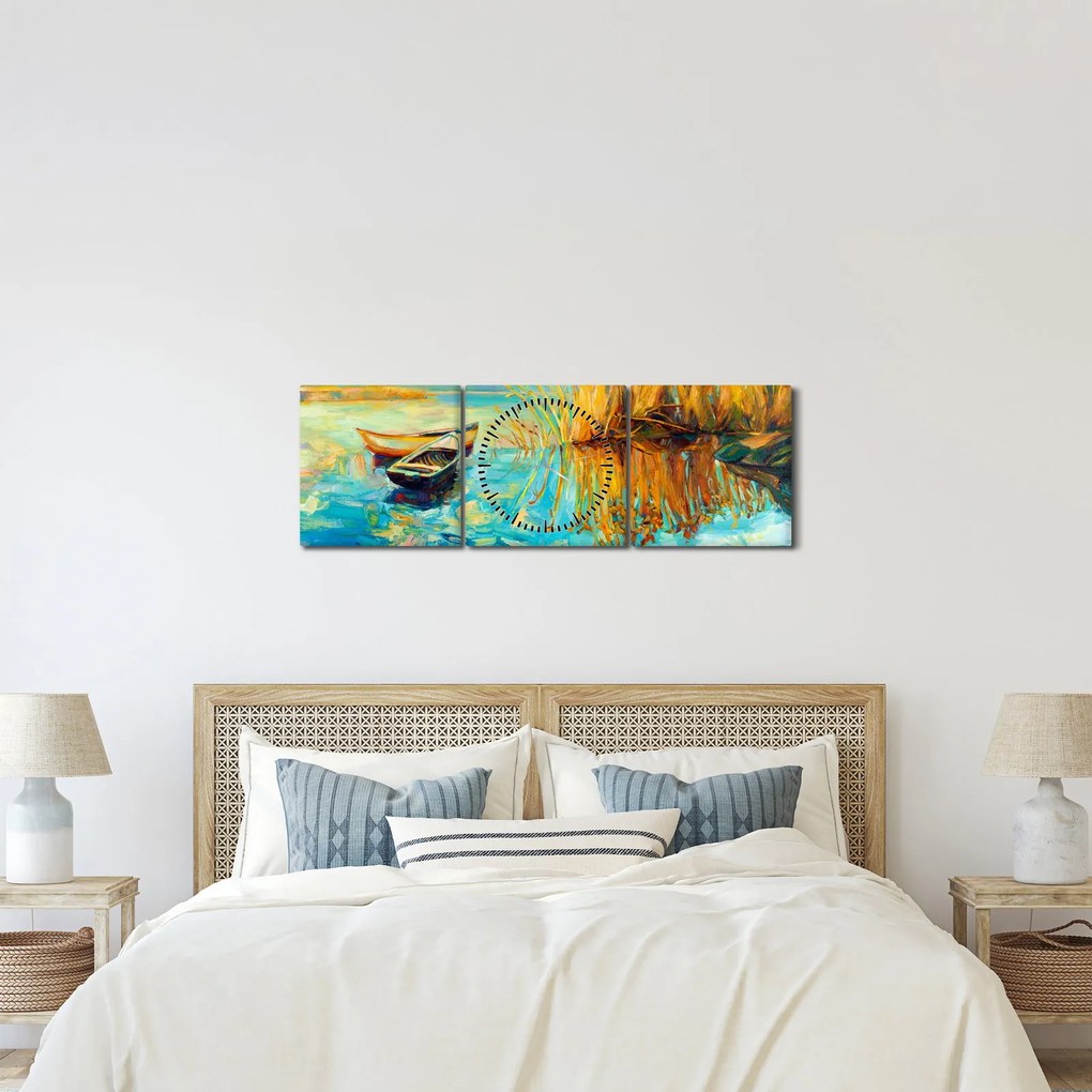 Tablou - Lacul cu bărci (cu ceas) (90x30 cm)