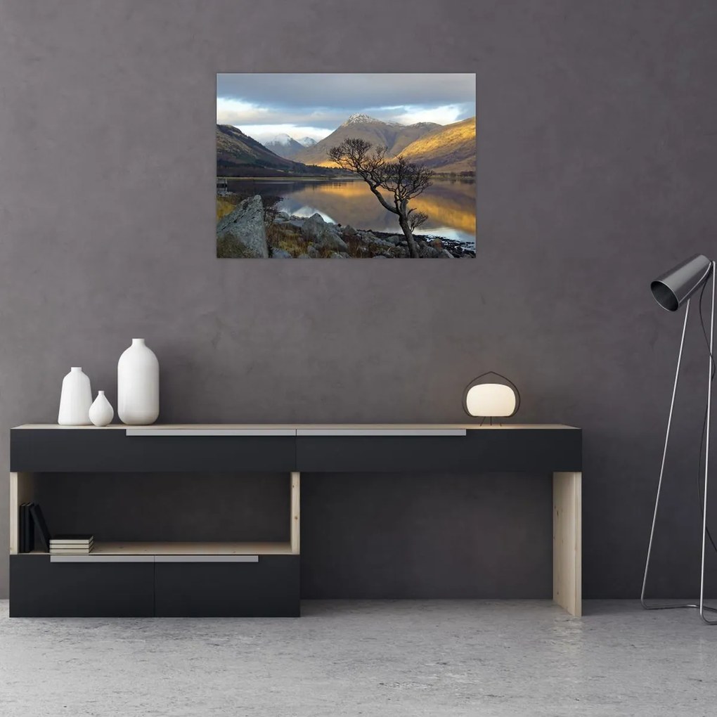 Tablou pe sticlă - Munții de lângă lac (70x50 cm)