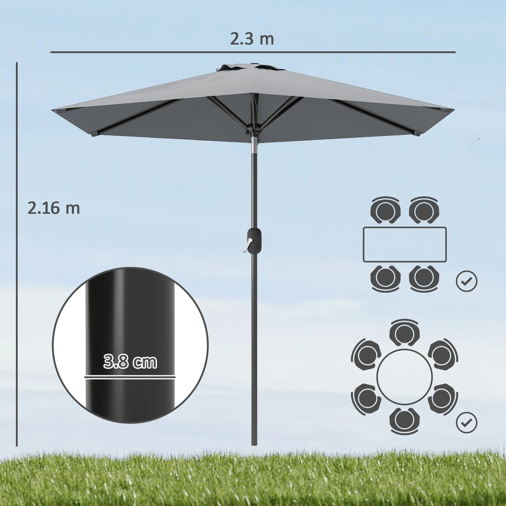 Outsunny Umbrelă Inclinabilă pentru Grădină și Terasă 2.3x2m cu Deschidere Ușoară prin Manivelă, Structură Metalică și 6 Stinghii, Gri | Aosom Romania