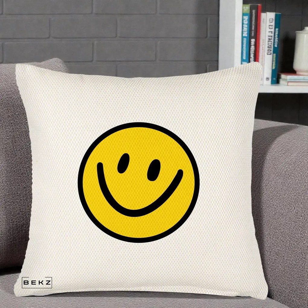 Perna Decorativa Smiley Face Galben Clasic, 40x40 cm, Crem Reliefat, Husa Detasabila, Perna Inclusa, BEKZ®