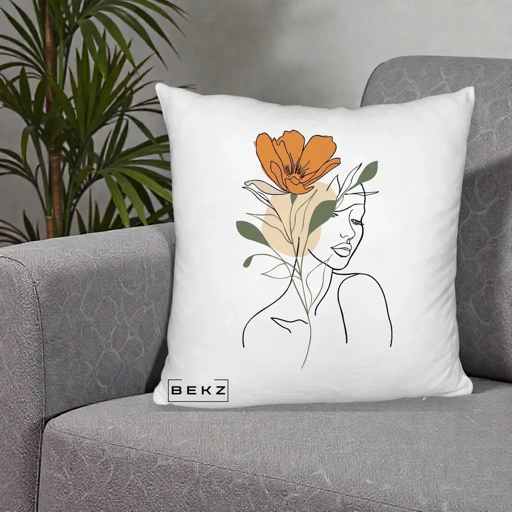 Perna Decorativa Portret Feminin Floare Portocalie, 40x40 cm, Alb Pufos, Husa Detasabila, Perna Inclusa, BEKZ®