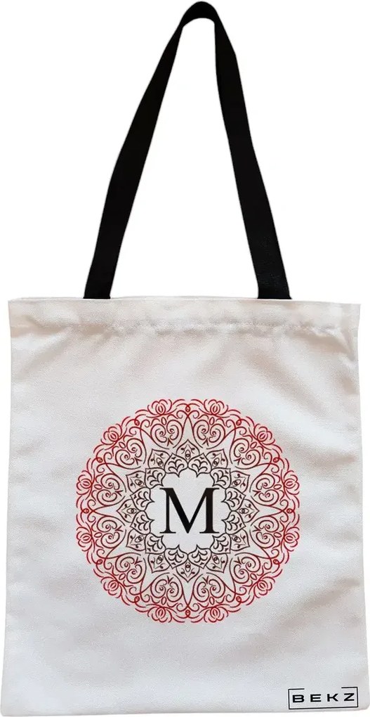 Sacosa de Panza pentru Cumparaturi, Geanta Tote, Cu litera M si Mandala, Cu fermoar, 38x34.5 cm, Alba, BEKZ®
