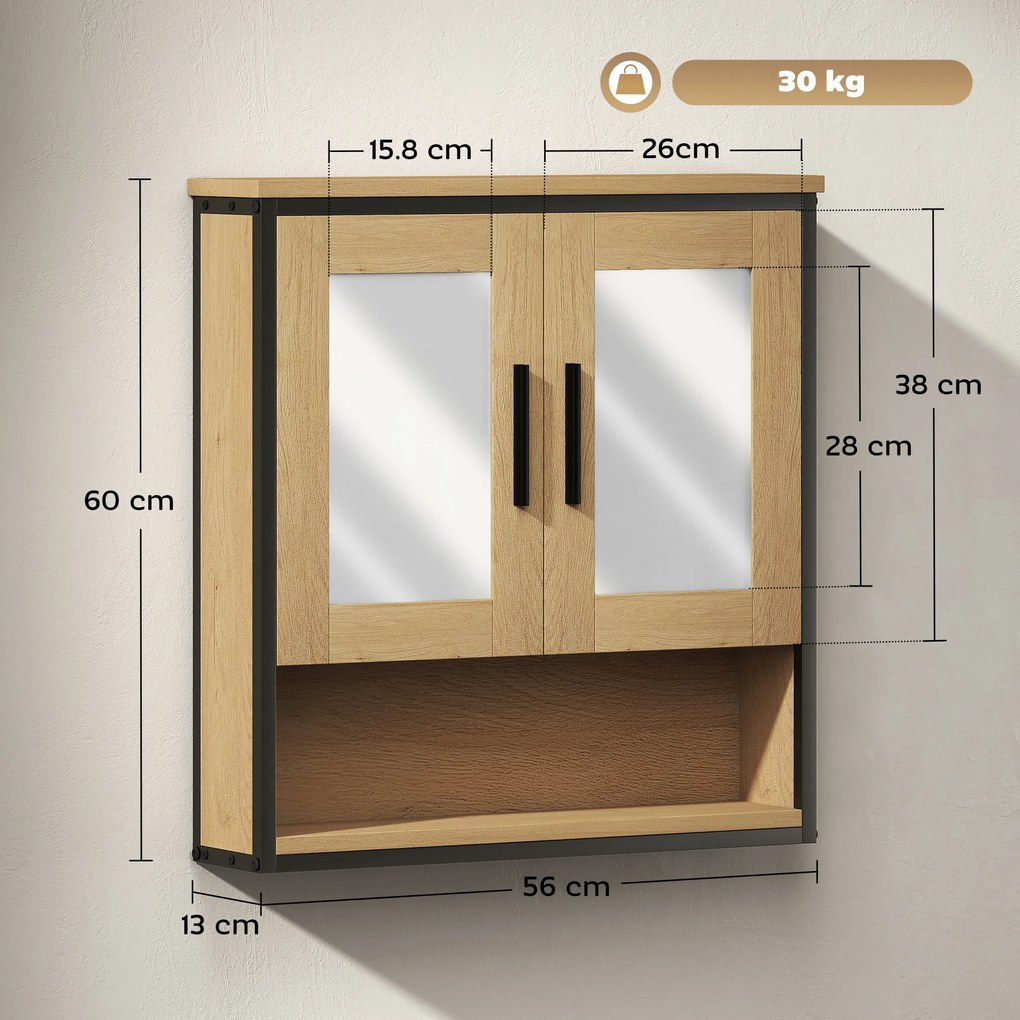 HOMCOM Dulap cu oglindă pentru baie, mobilier baie cu compartiment deschis și raft reglabil, stejar | Aosom Romania
