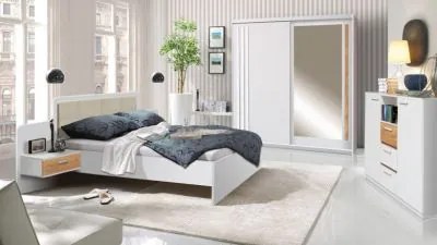 Dan Set Dormitor alb, 3 piese, pat cu noptiere, dulap, comoda